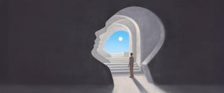 A person stands in a tunnel shaped like a human head, looking toward a bright sky and sun at the end of a staircase, symbolizing self-discovery or inner journey.